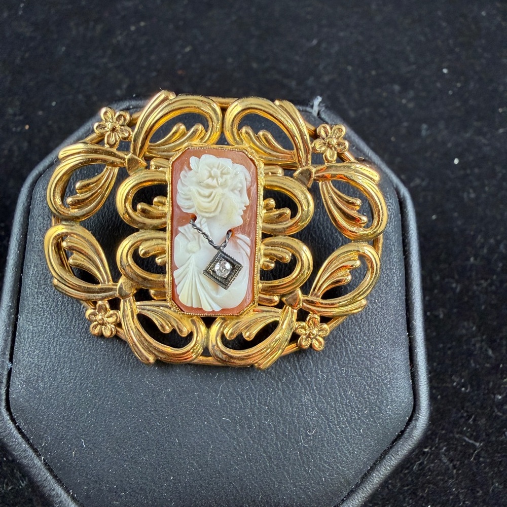 Vintage VanDell 12KT Gold filled Genuine Diamond & Cameo brooch